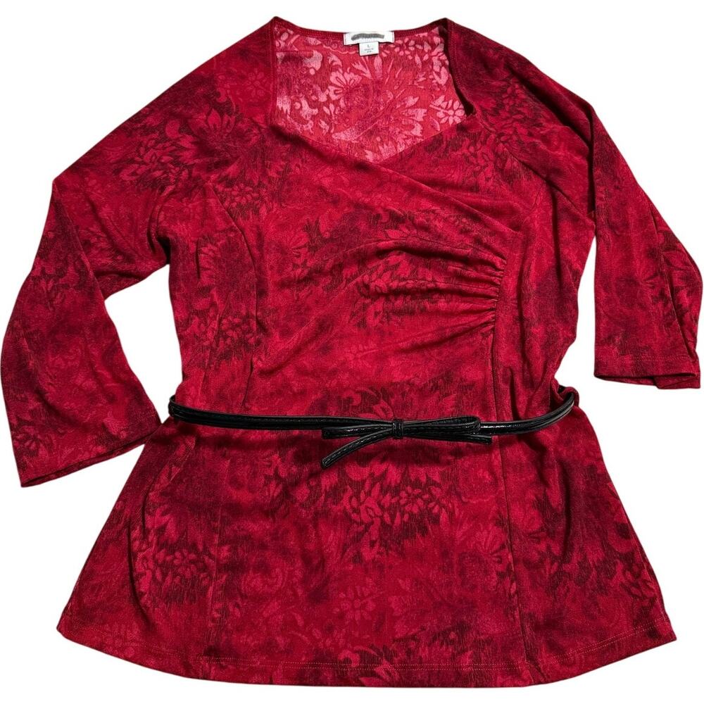VTG Y2K Dressbarn Blouse Top Belted Stretch Women's Size Large Made in USA Red